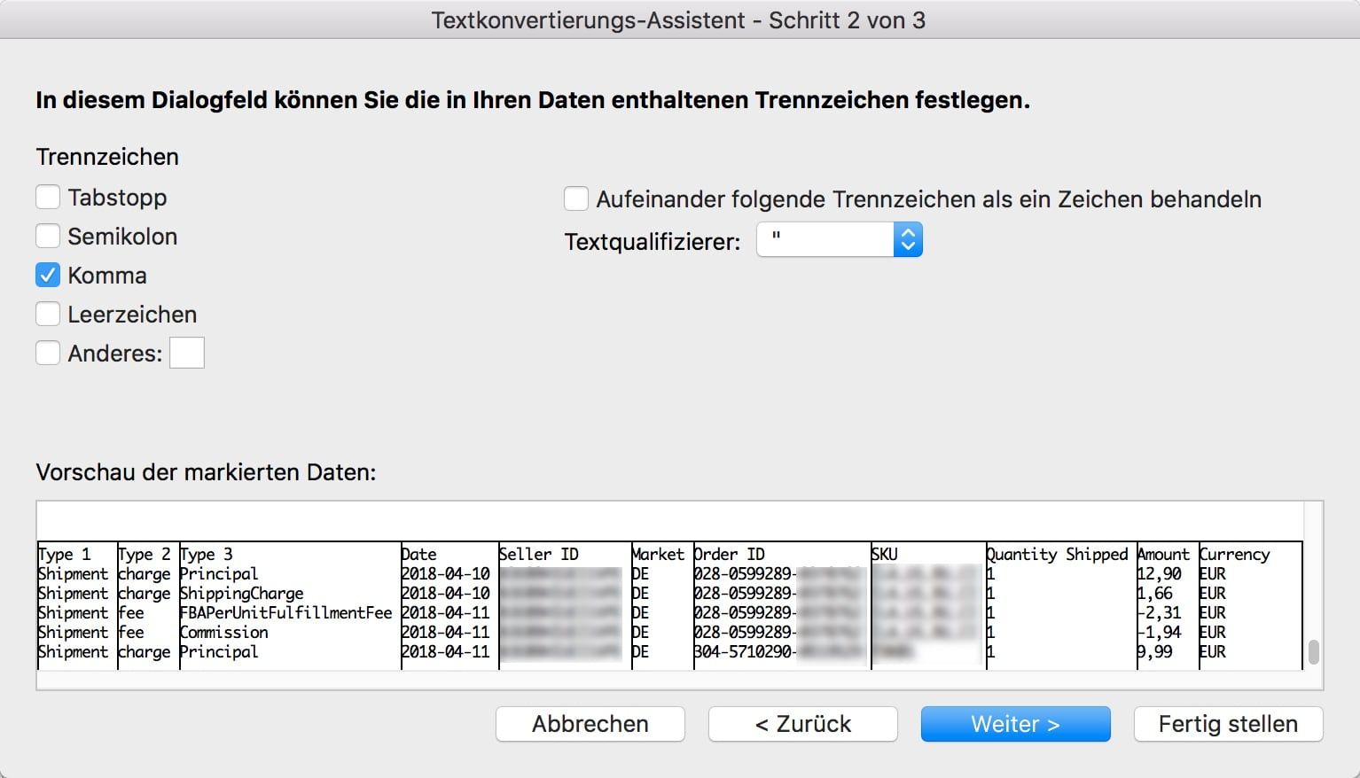 Amazon Excel Komma Trennzeichen