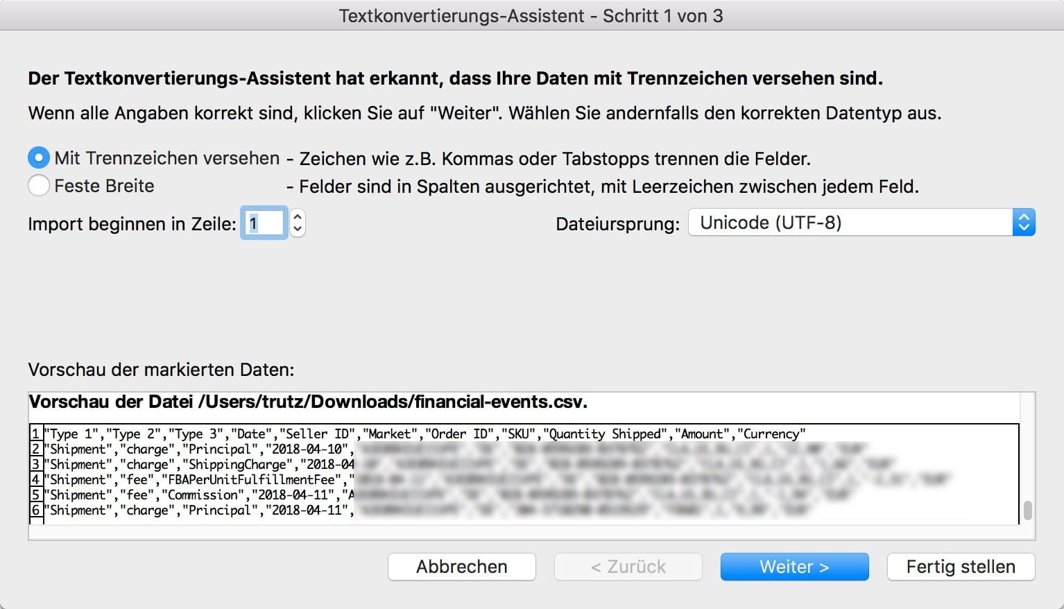 Amazon Excel Trennzeichen