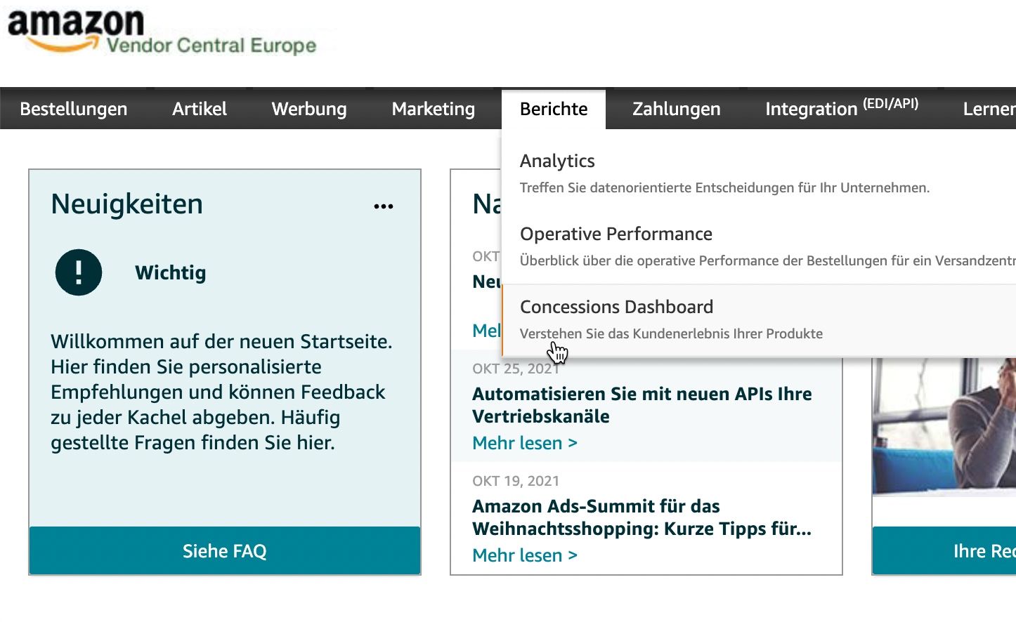 Concessions Dashboard im Vendor Central