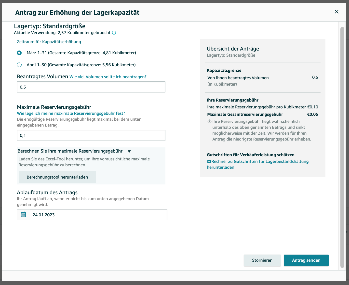 Antrag zur Erhöhung der Lagerkapazität