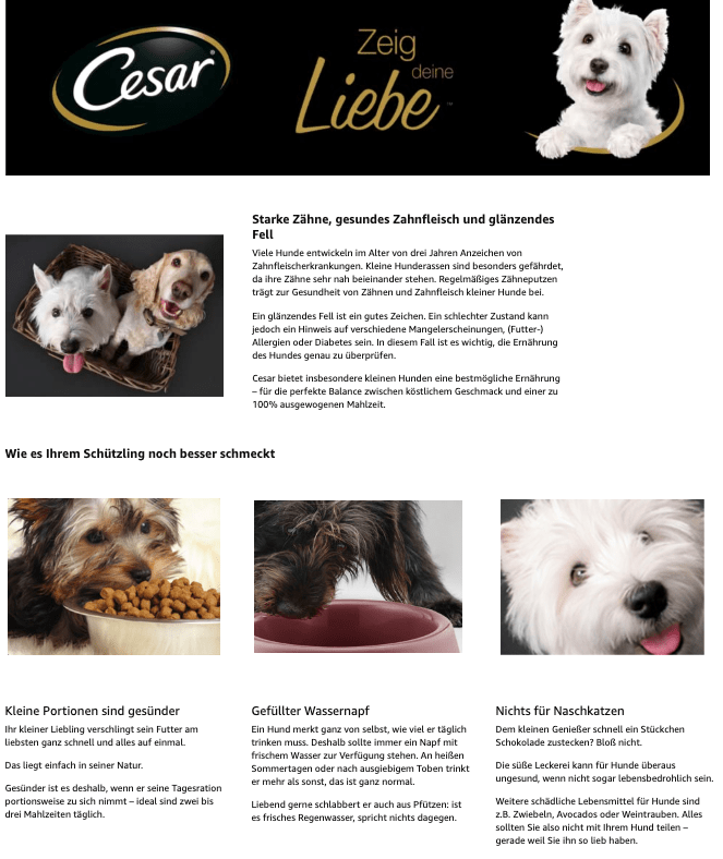 Amazon A+ Content Best Practice Beispiel Tierfutterhersteller Cesar