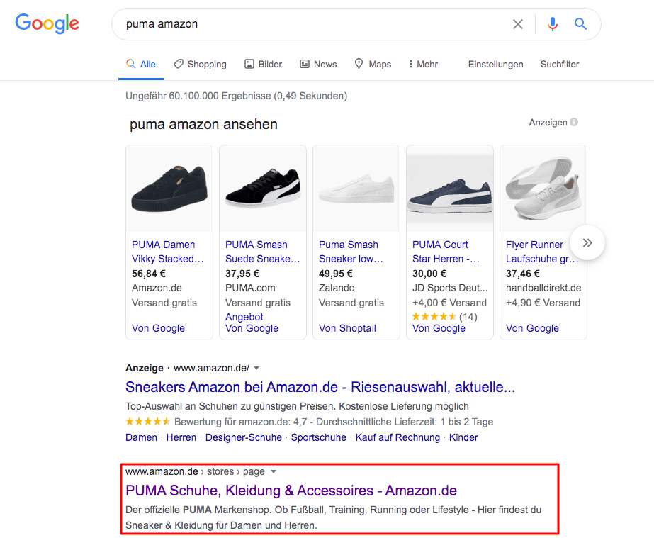 Anzeige des Amazon Brand Stores als Suchergebnis auf Google