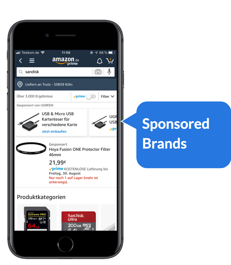 Platzierung von Amazon Sponsored Brands Anzeigen in mobiler Ansicht