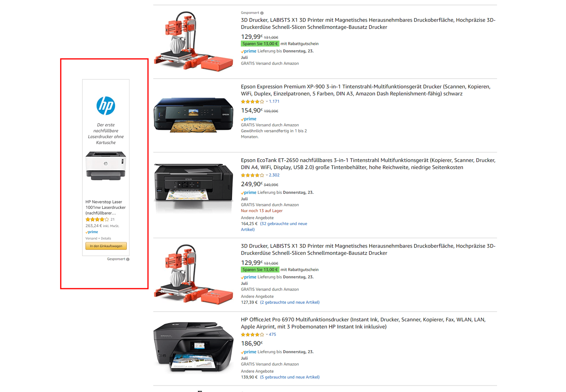 Beispiel von Amazon Sponsored Brands Anzeigen auf der Suchergebnisseite links