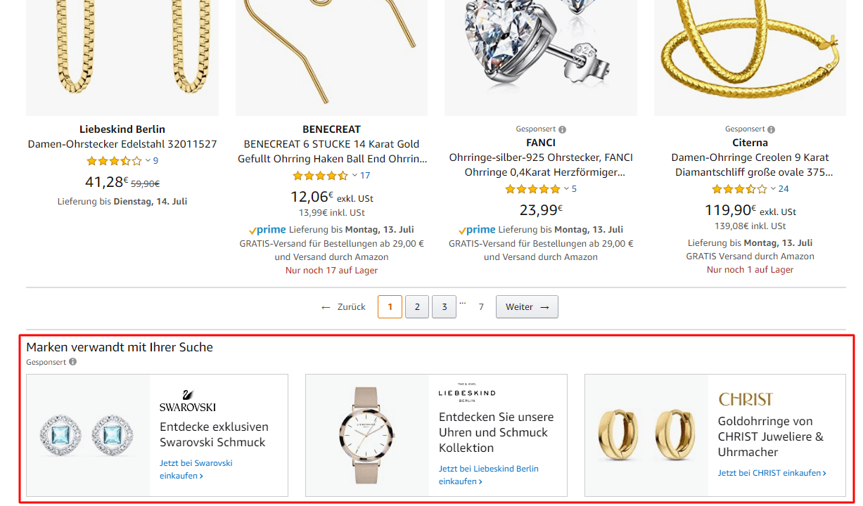 Beispiel von Amazon Sponsored Brands Anzeigen unten in den Suchergebnissen