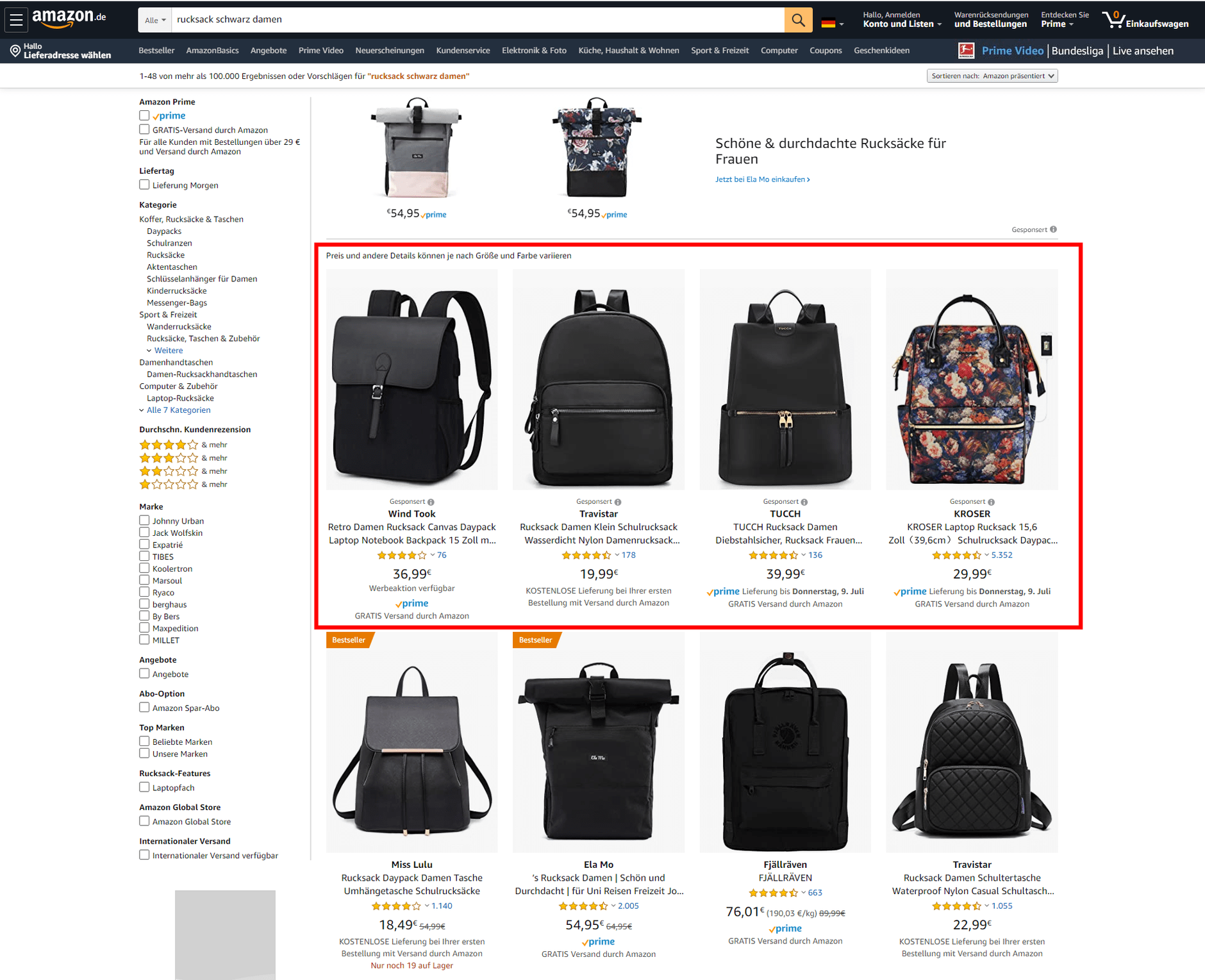 Amazon Sponsored Products Anzeigen für den Suchbegriff 'Rucksack schwarz Damen' oben in den Suchergebnissen
