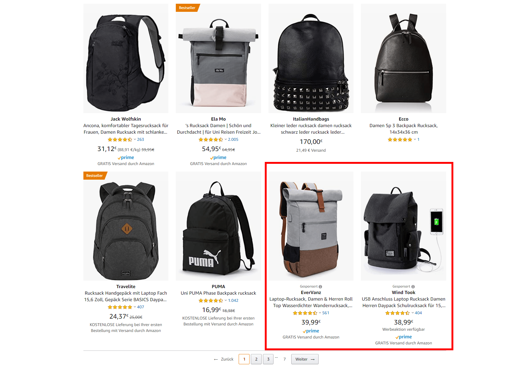 Amazon Sponsored Products Anzeigen für den Suchbegriff 'Rucksack schwarz Damen' unten in den Suchergebnissen