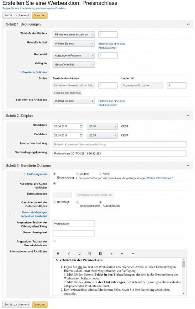 Erstellung einer Rabattaktion vom Typ »Preisnachlass« rabatte