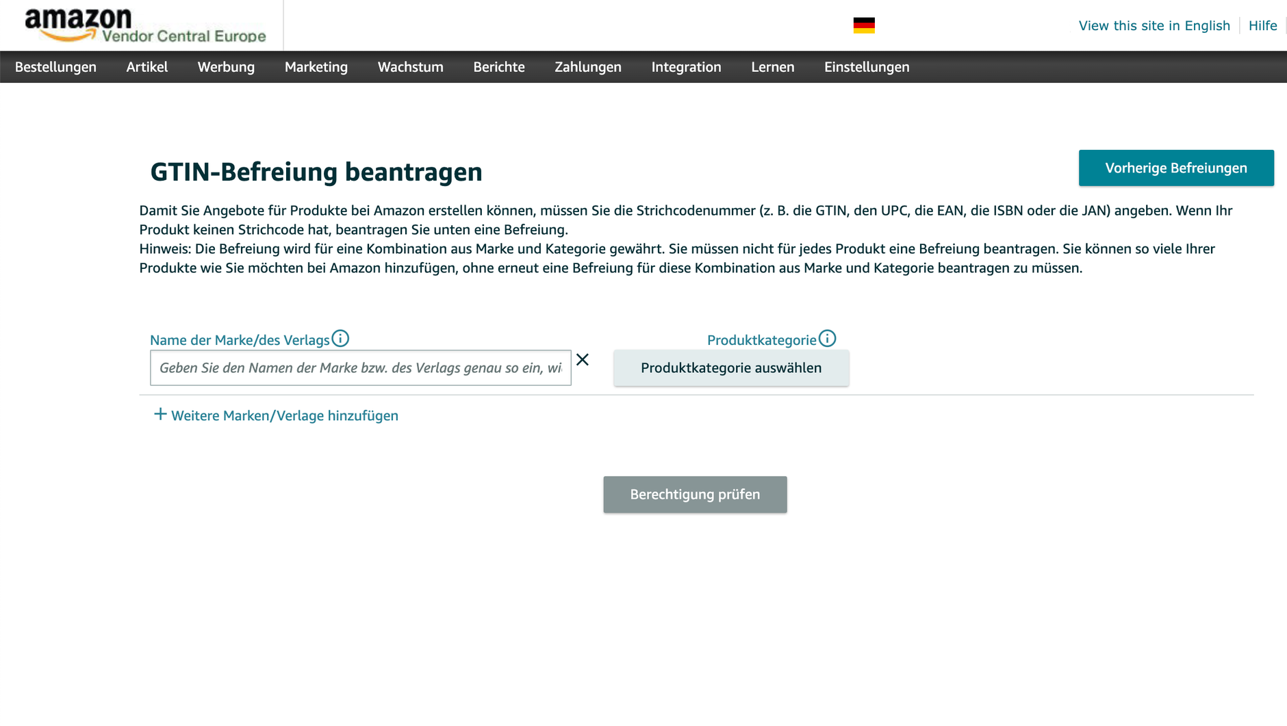 GTIN-Befreiung im Vendor Central beantragen