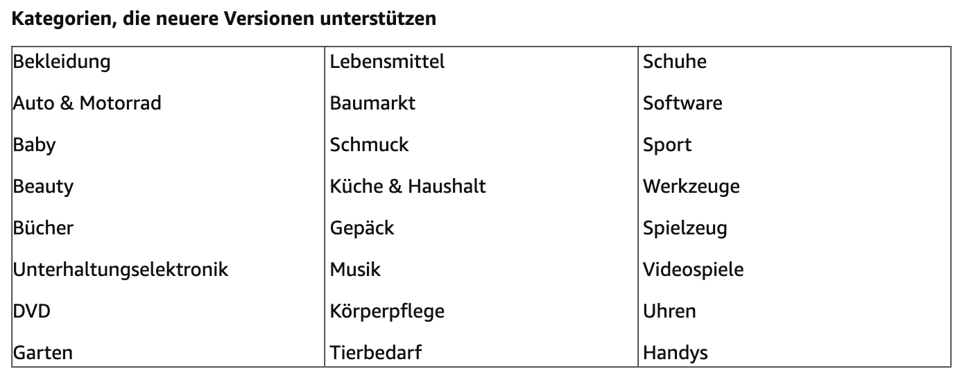 Kategorien, in denen Vorgänger- und Nachfolgermodelle angegeben werden können, Quelle: Amazon