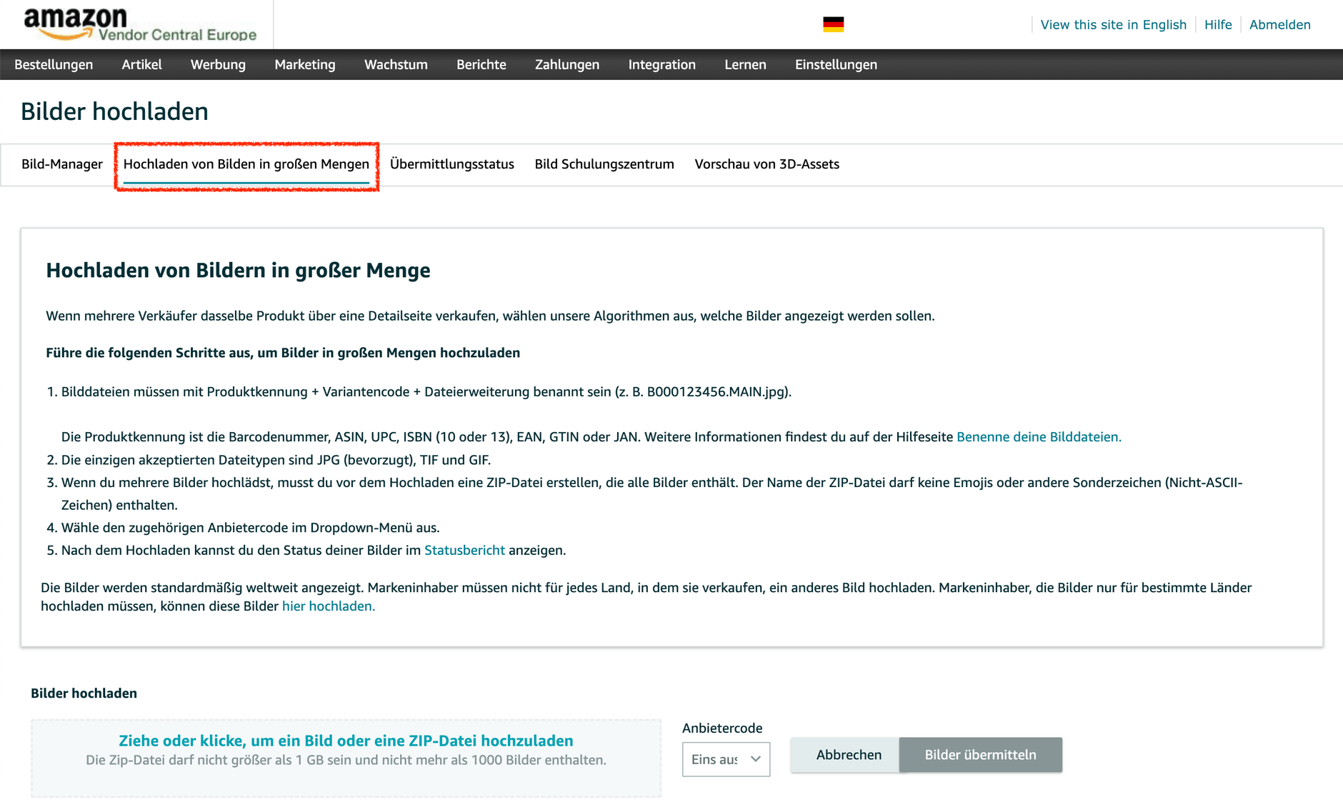 Hochladen von Bildern in größeren Mengen im Amazon Vendor Central