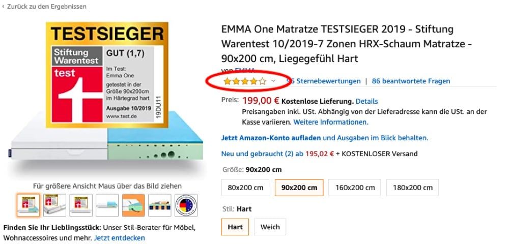 Bewertungsdurchschnitt bei Amazon Sternebewertungen