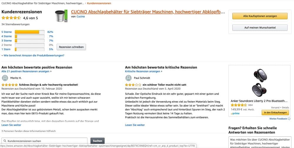 Übersicht einer Rezensionen-Seite auf Amazon