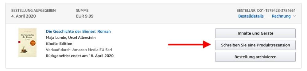 Call-to-Action in der Bestellübersicht für die Abgabe von Amazon-Produktrezensionen