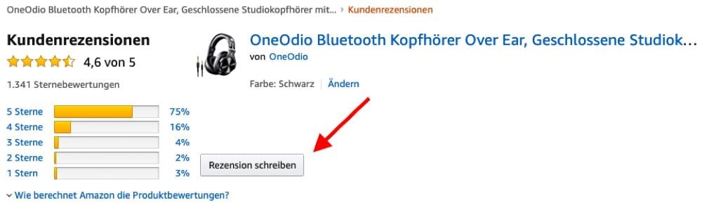 Call-to-Action zur Rezensionsabgabe auf der Amazon Rezensionen-Seite eines Produktes