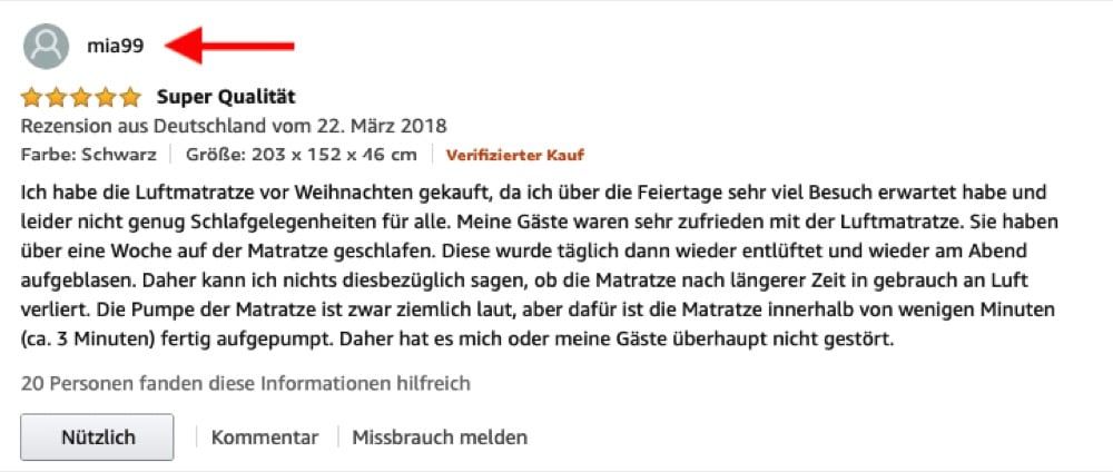 Abbildung einer Amazon Rezension mit einem Nickname