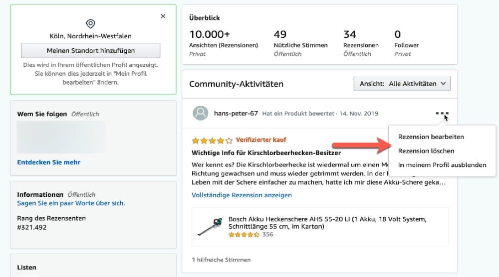 Amazon Rezension Übersicht Community Aktivitäten des Rezensenten