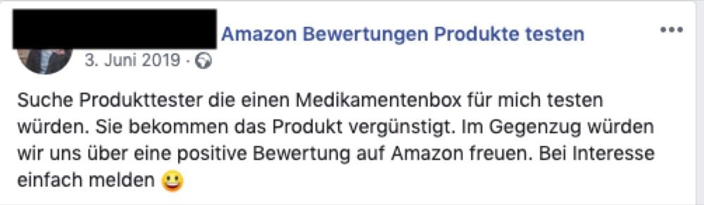 Facebook-Post in einer Facebook-Gruppe für Amazon Produkttester
