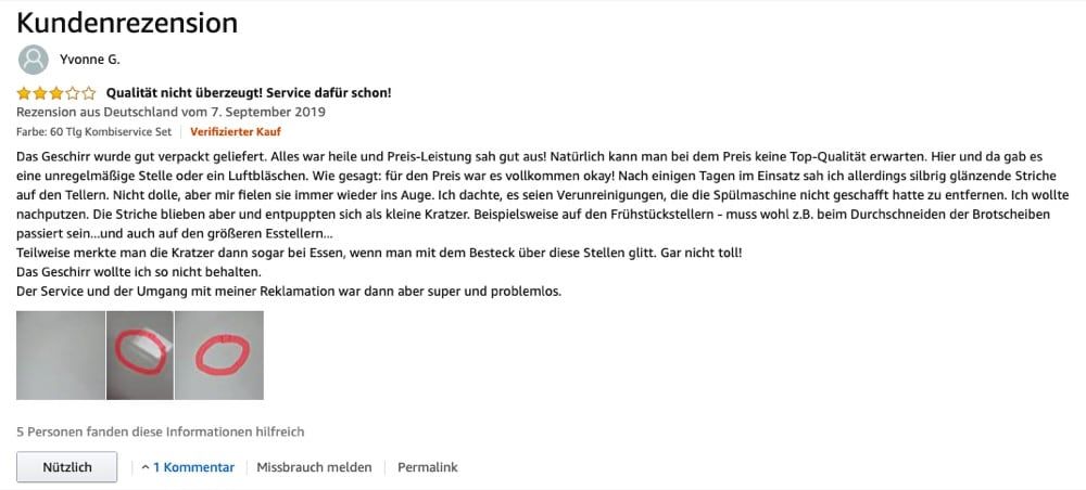 Beispiel Amazon Bewertung guter Kundenservice trotz Unzufriedenheit mit Produkt