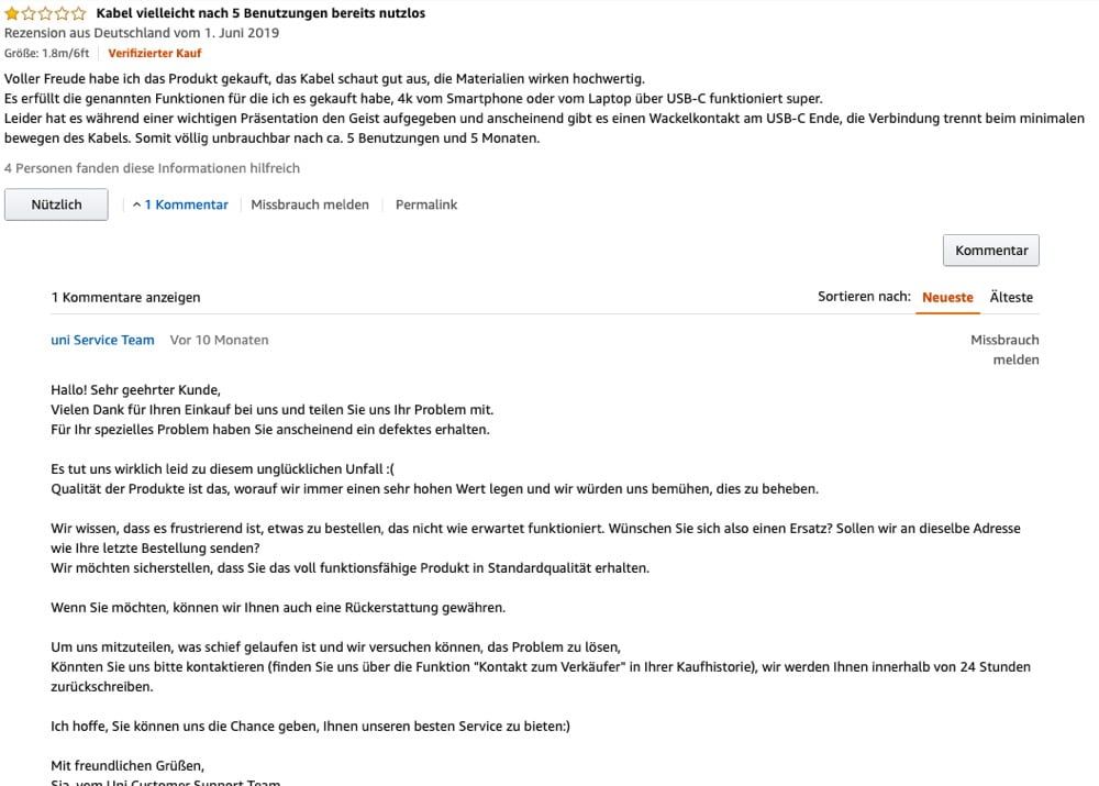 öffentlicher Kommentar eines Amazon Händlers auf eine negative Kundenbewertung