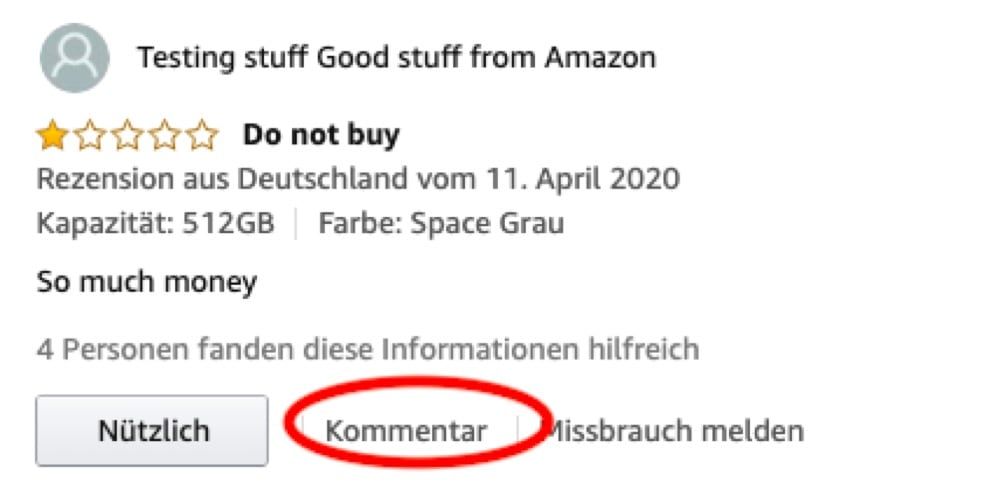 Übersicht einer Amazon Rezension mit Kommentar-Link