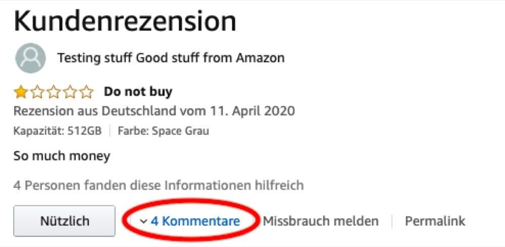 Abbildung einer Amazon Rezension mit grauem Kommentar-Link