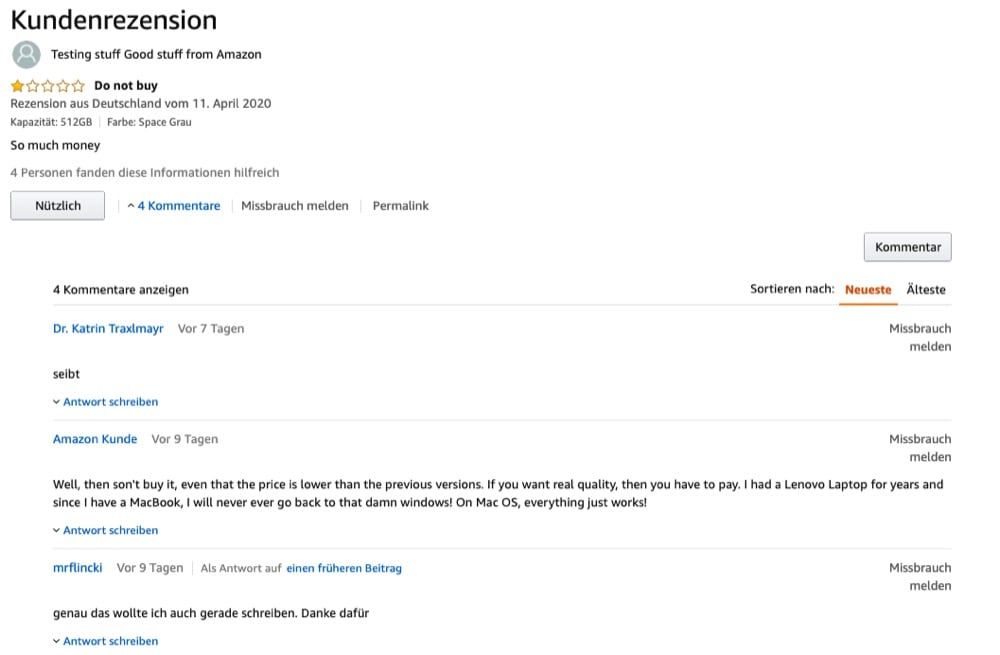 Abbildung einer Amazon Rezension mit blauem Kommentar-Link