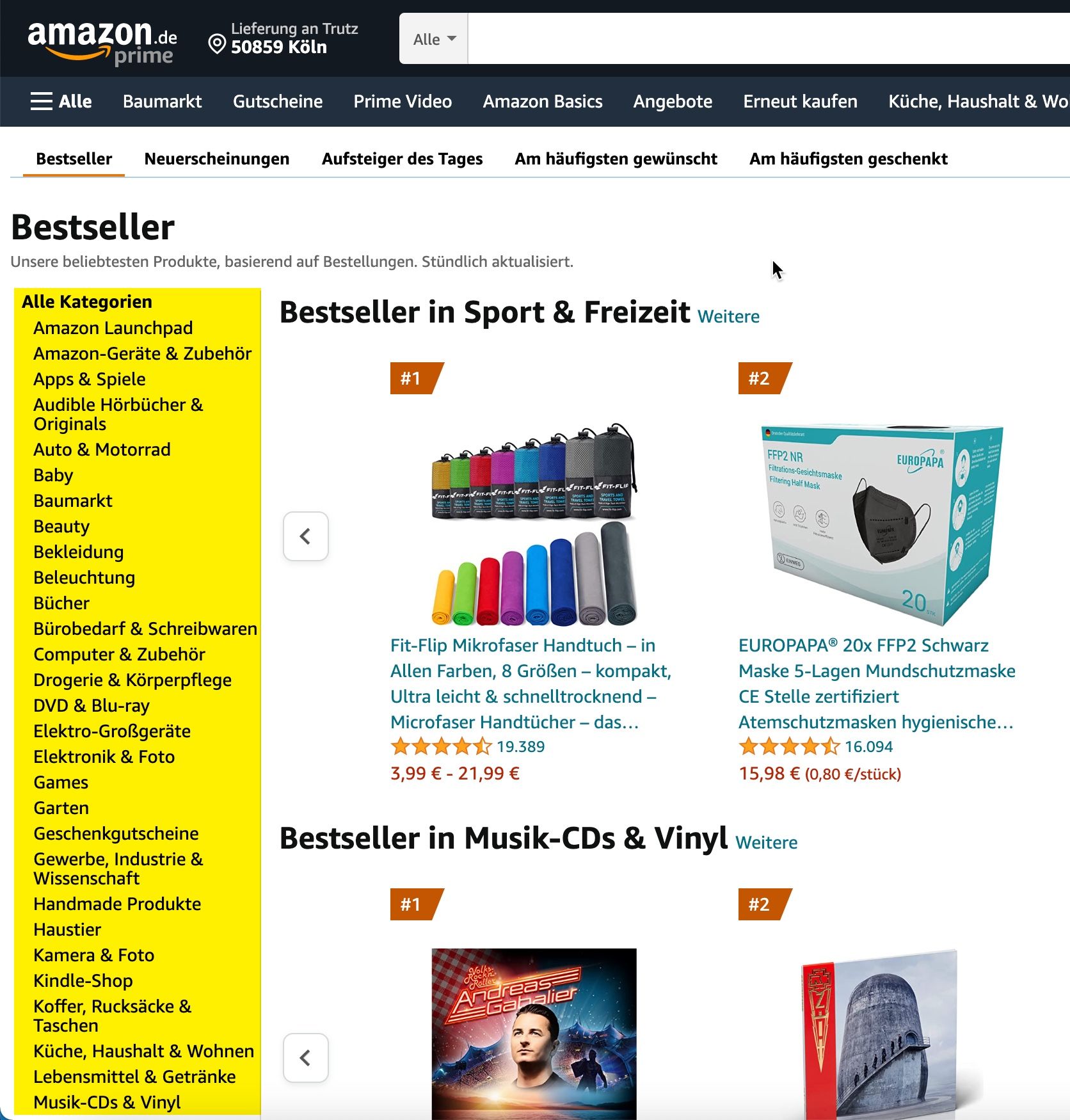 Alle Hauptkategorien, die es aktuell auf Amazon gibt