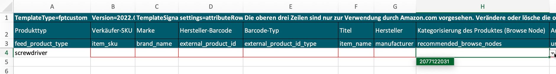 Lagerbestandsdatei mit vorausgewähltem Produkttyp