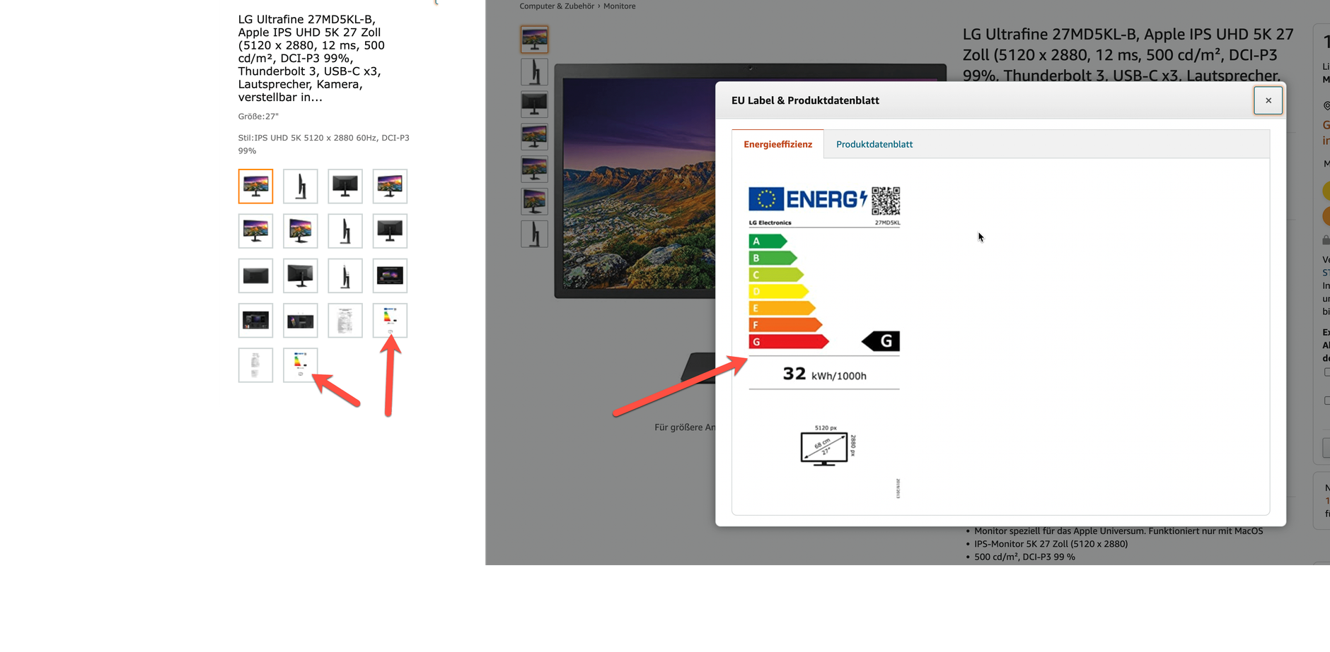 Energie-Effizienz-Label im Produktdatenblatt und in der Gesamtübersicht der Bilder