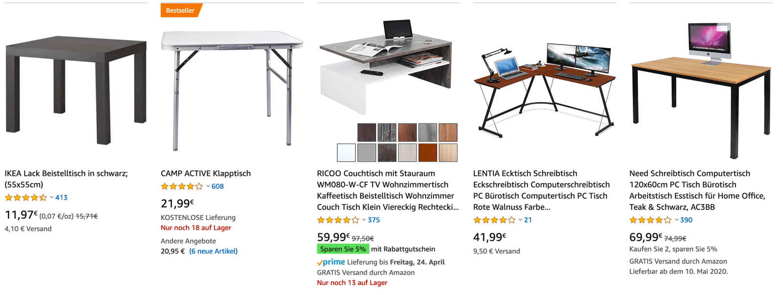 Amazon SEO Kurs - Abbildung von Tischen auf Amazon als Suchergebnis auf dem Desktop