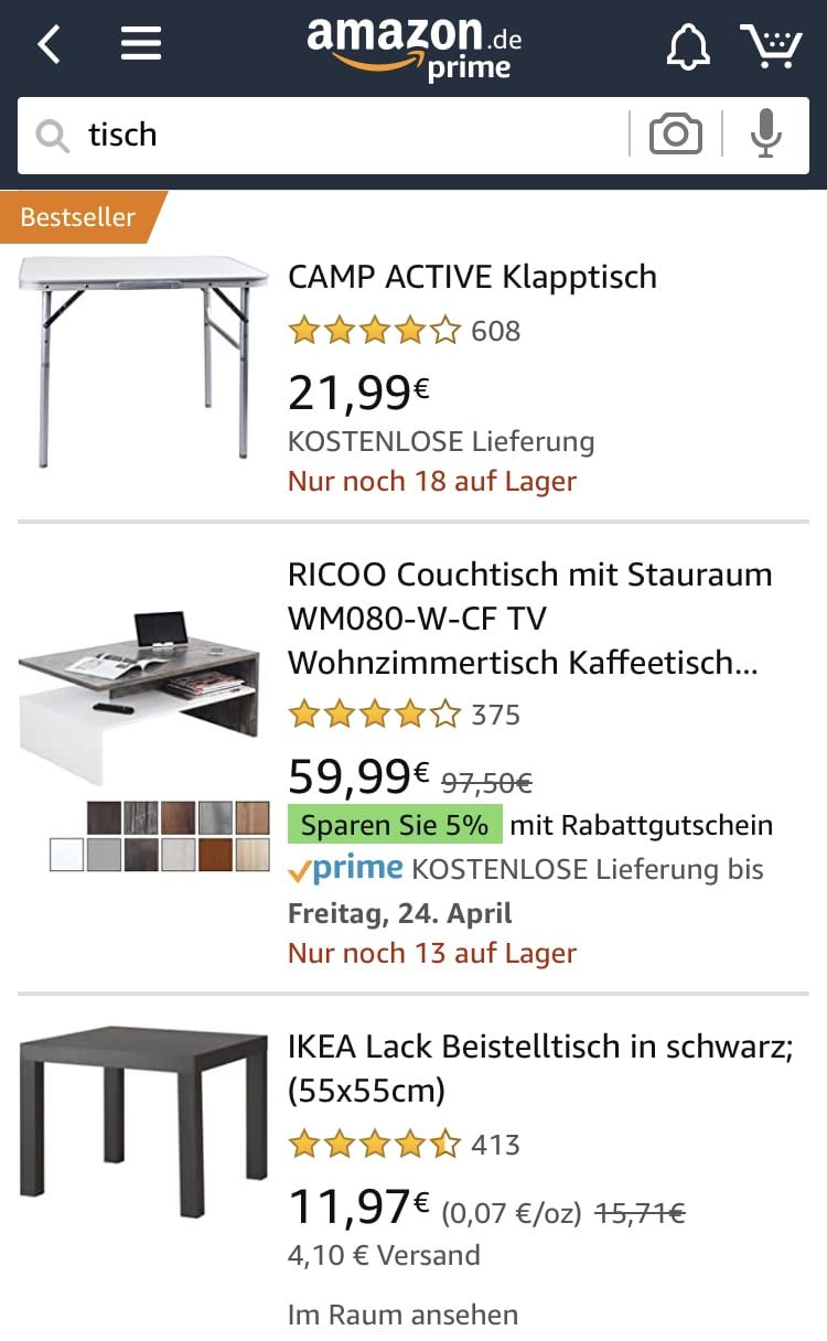 Amazon Seo Tutorial - Abbildung von Tischen auf Amazon als Suchergebnis auf dem Smartphone