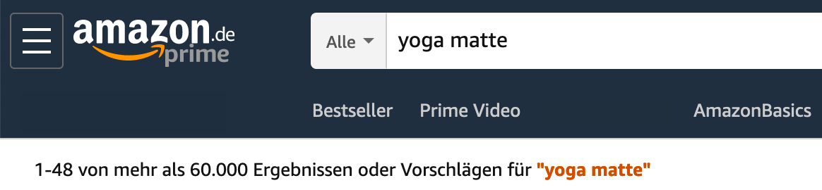 Amazon SEO check - Abbildung des Amazon-Suchfeldes mit dem Amazon Seo Keyword Yoga-Matte als Beispiel eingetippt