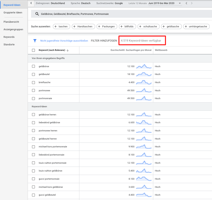 Suche nach weiteren Suchbegriffen zum Keyword Geldbeutel mithilfe des Google Keyword Planners