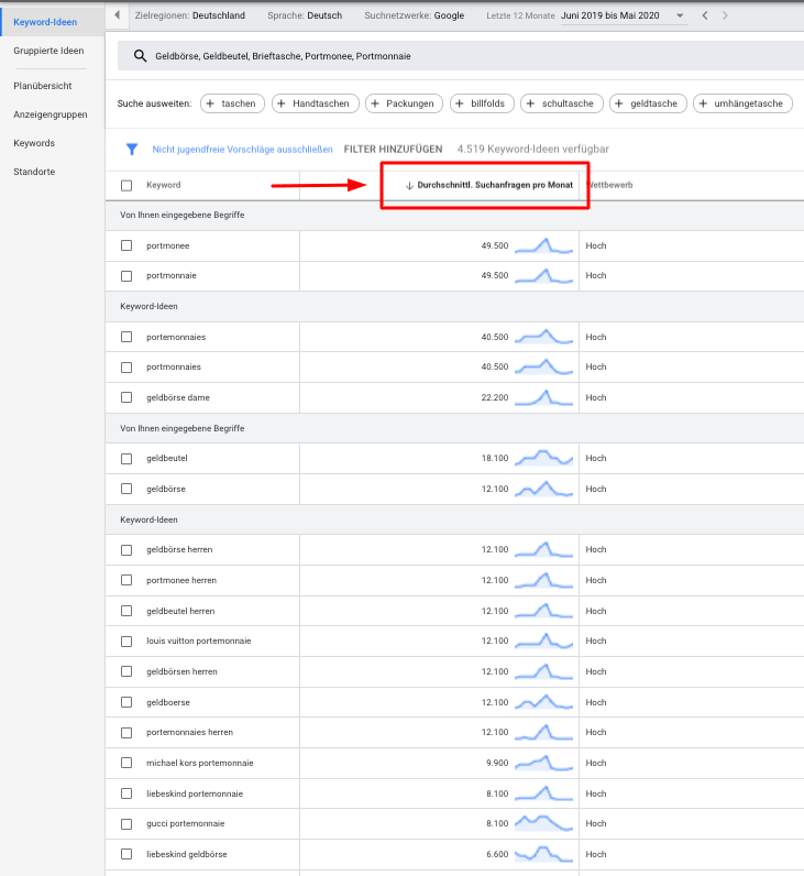 Suchbegriffs-Ergebnisse inklusive Suchvolumen einer Google Keyword Planner Recherche mit Geldbeutel als Suchbegriff