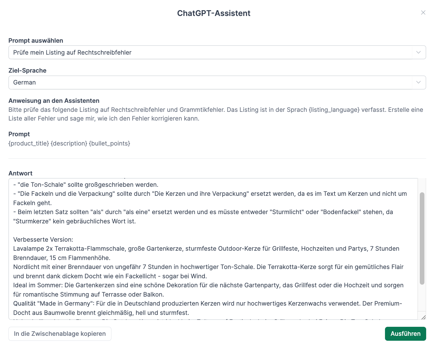 Amazon Listing Optimierung mit dem ChatGPT Assistenten in AMALYTIX