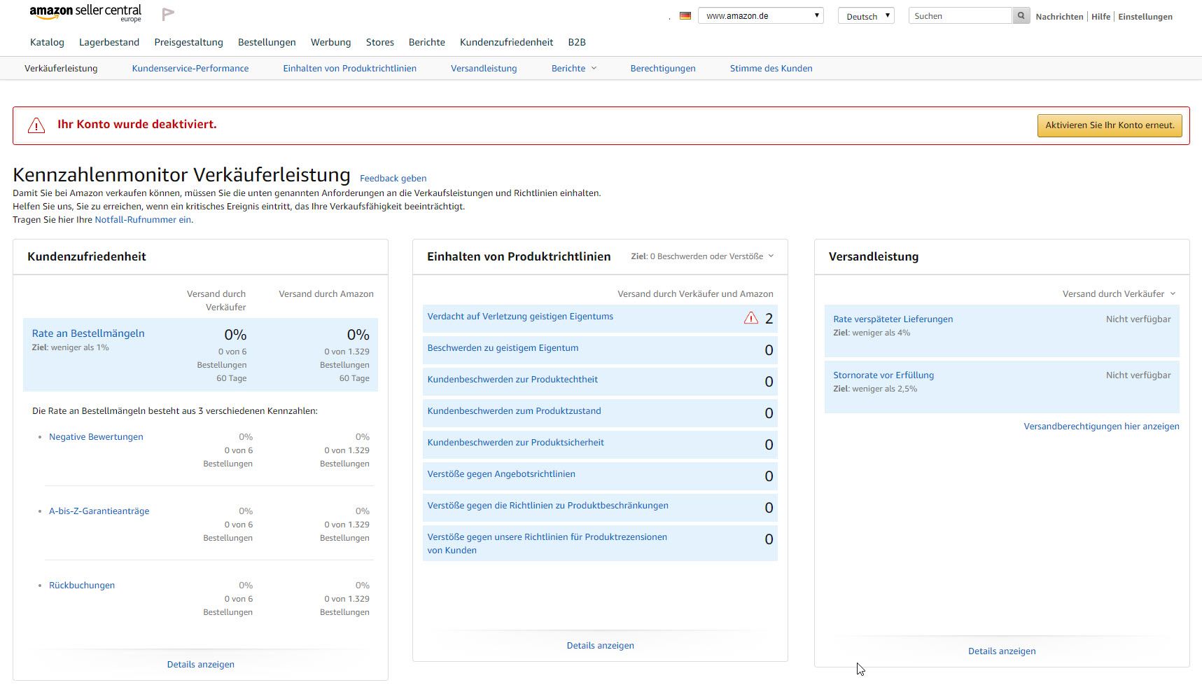 Benachrichtigung im Amazon Seller Central: Ihr Konto wurde deaktiviert