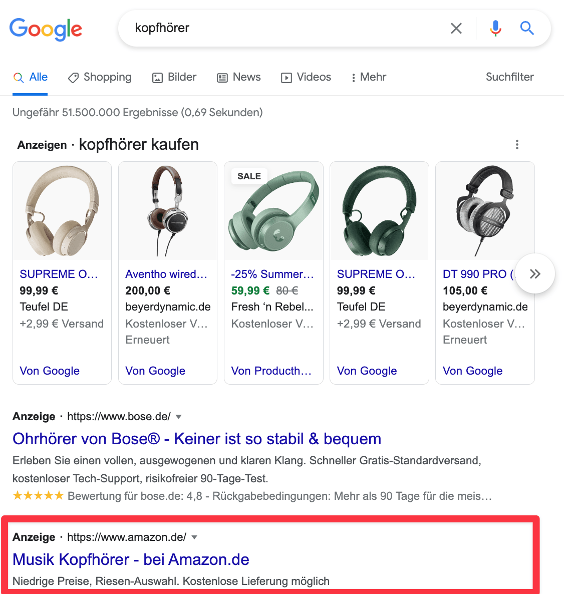 Anzeige für Kopfhörer in der Google Suche