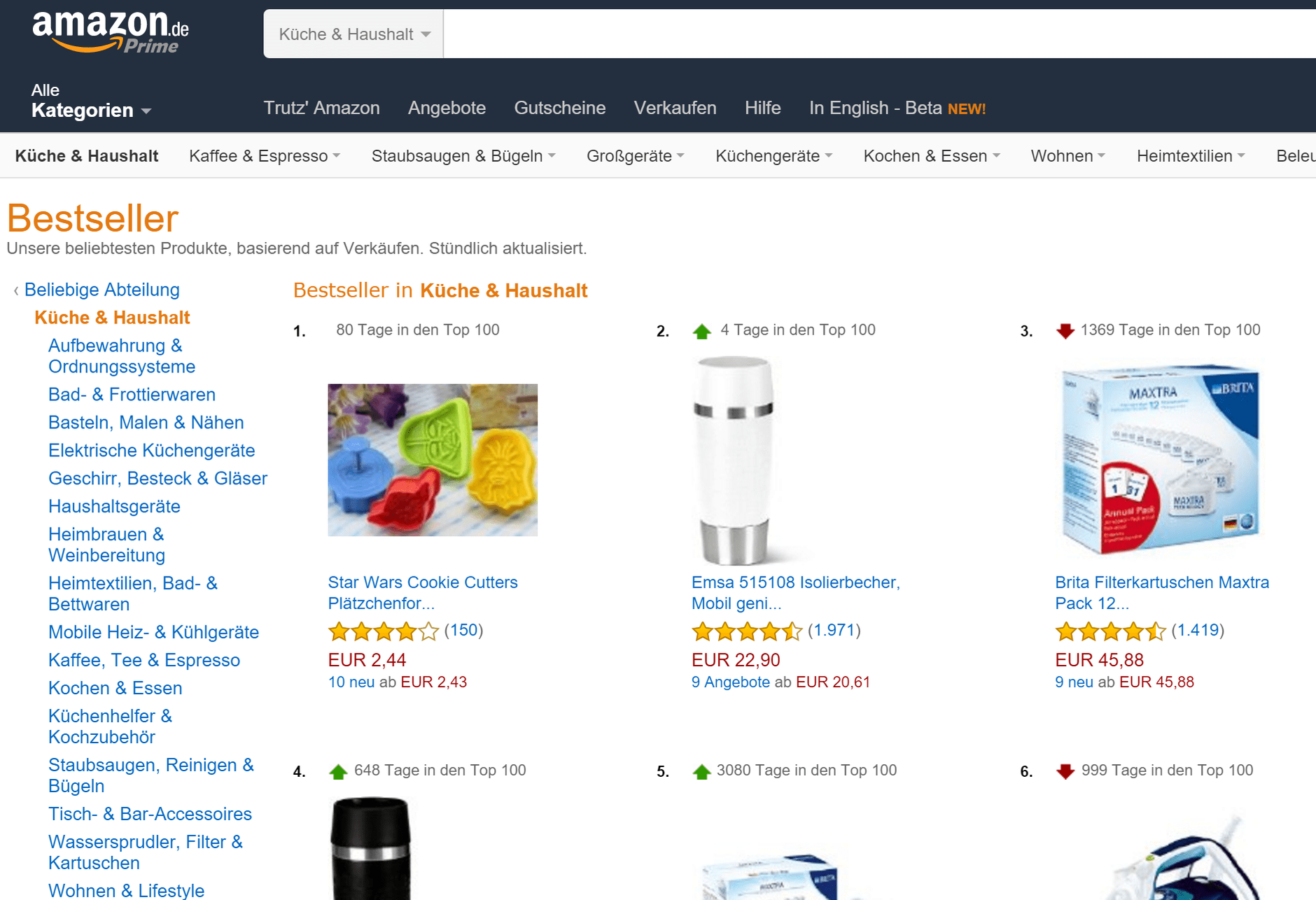 Screenshot der Amazon Beststeller-Listen Webseiten-Startseite als Beispiel für Sonstige Plattformen