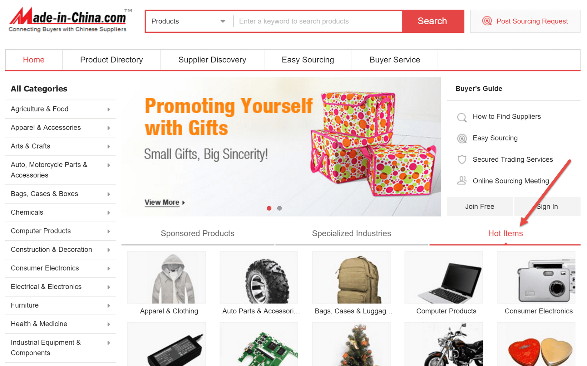 Screenshot der Made-in-China Webseiten-Startseite als Beispiel für eine Lieferantenplattform