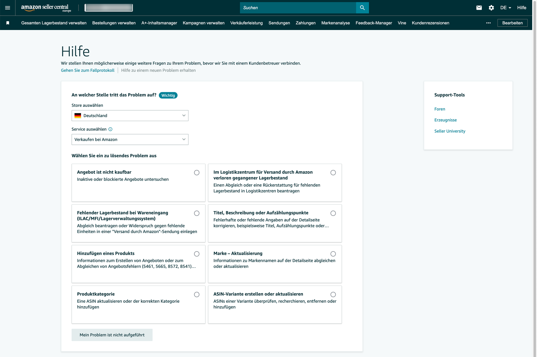 Hilfe-Bereich in Seller Central