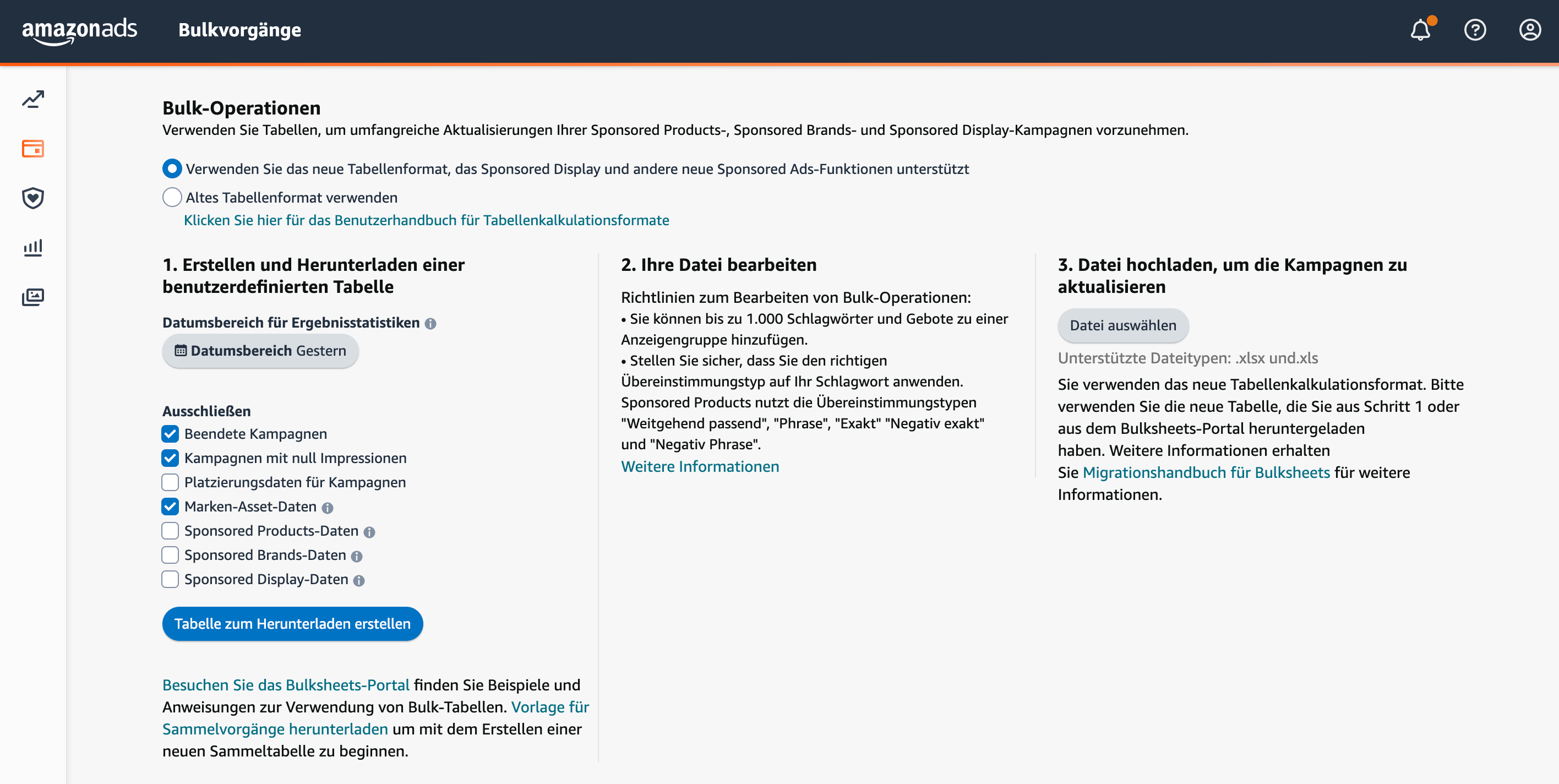 Amazon Advertising Console zeigt Bulk-Operationen Menü für Sammelvorgänge