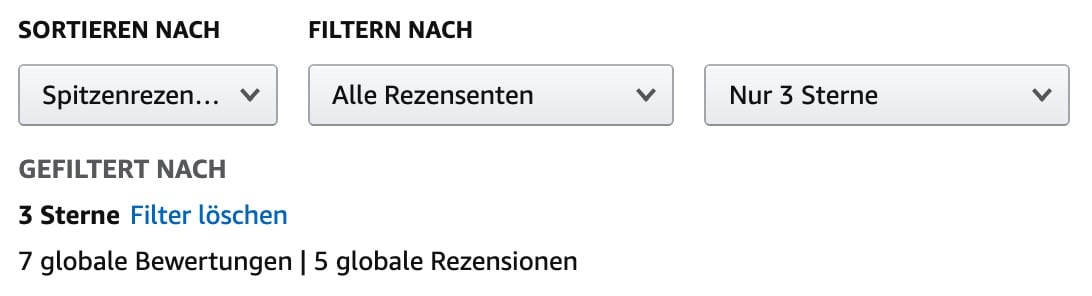 Amazon 3 Sterne Bewertungen - Verteilung zwischen Ratings und Rezensionen