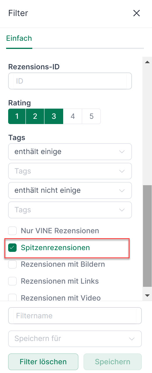 AMALYTIX Filter für Amazon Spitzenrezensionen - Rezensionsübersicht