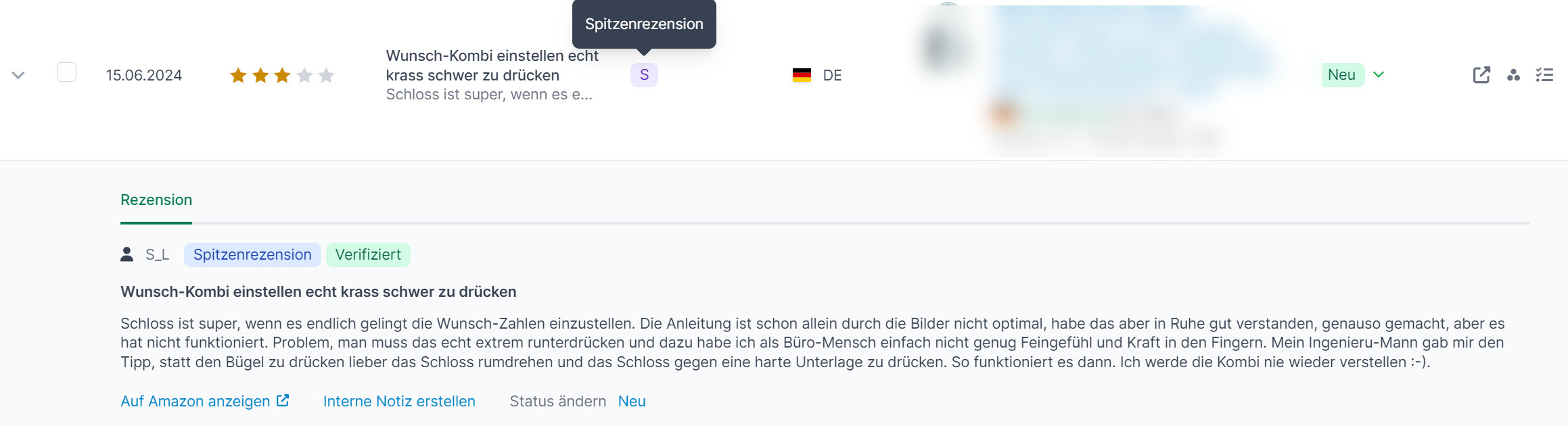 Spitzenrezensionen in AMALYTIX - Kennzeichnung in der Rezensionsübersicht