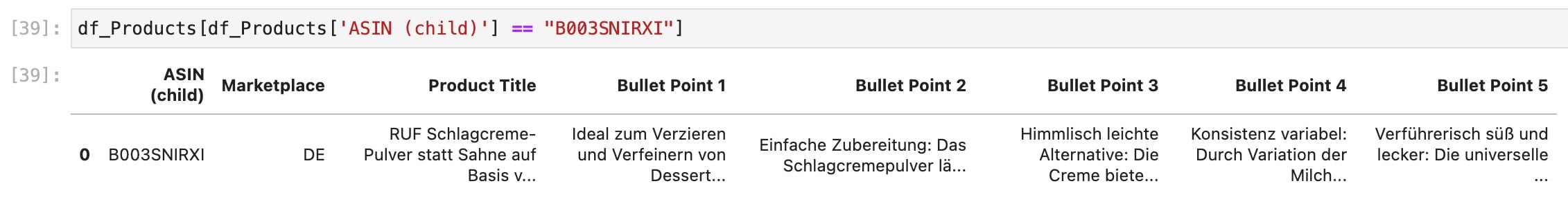 CSV-Datei mit Listing-Daten enthält ASIN, Titel und Bullet Points für Keyword-Analyse