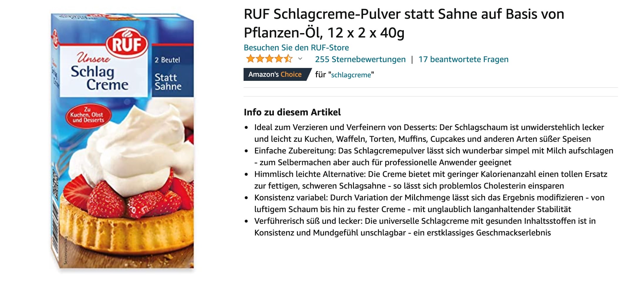 RUF Schlagcreme als Beispielprodukt für Brand Analytics Keyword-Analyse