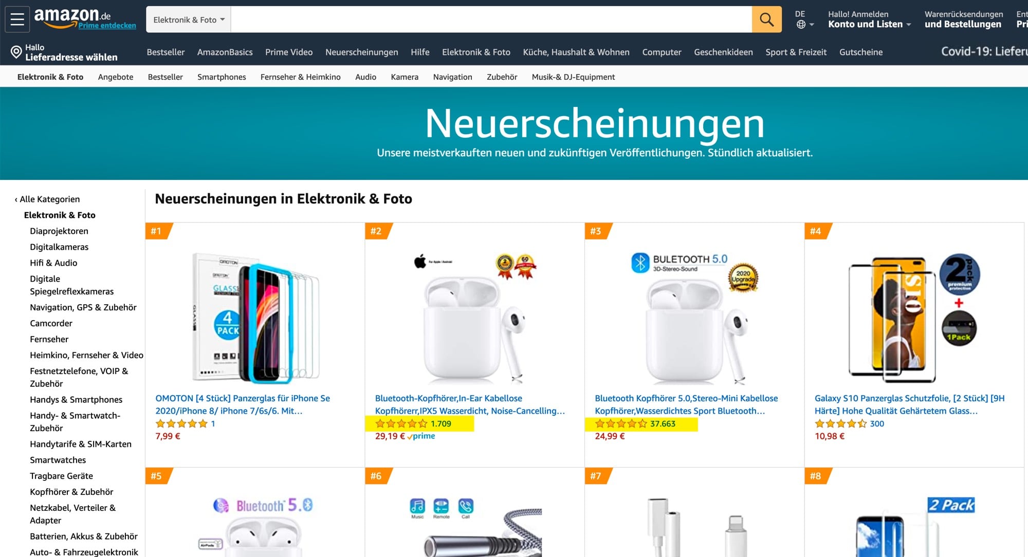 Amazon Neuerscheinungen zeigen Produkte mit verdächtig vielen Bewertungen