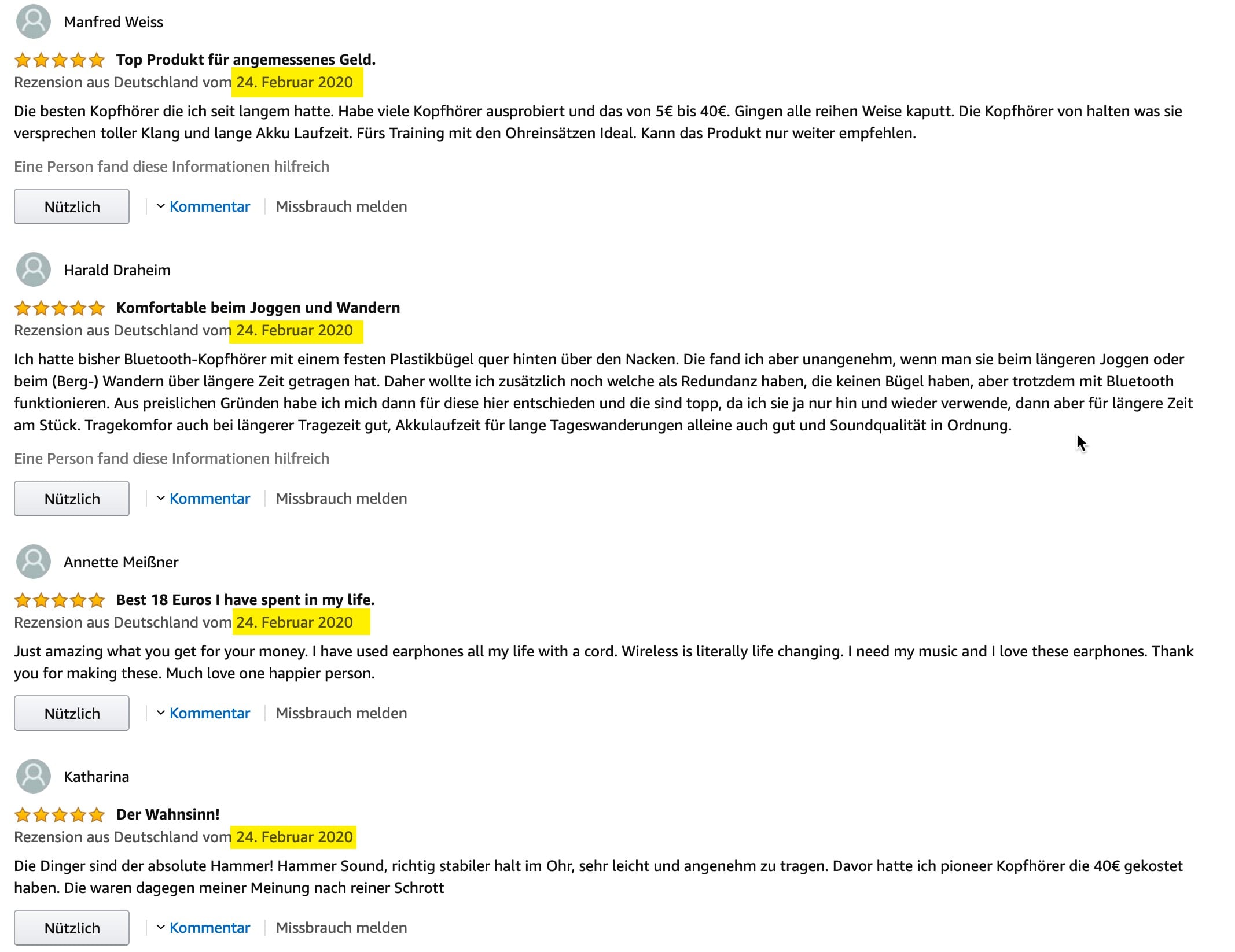 Unverifizierte Fake Rezensionen alle vom gleichen Tag mit 5 Sternen