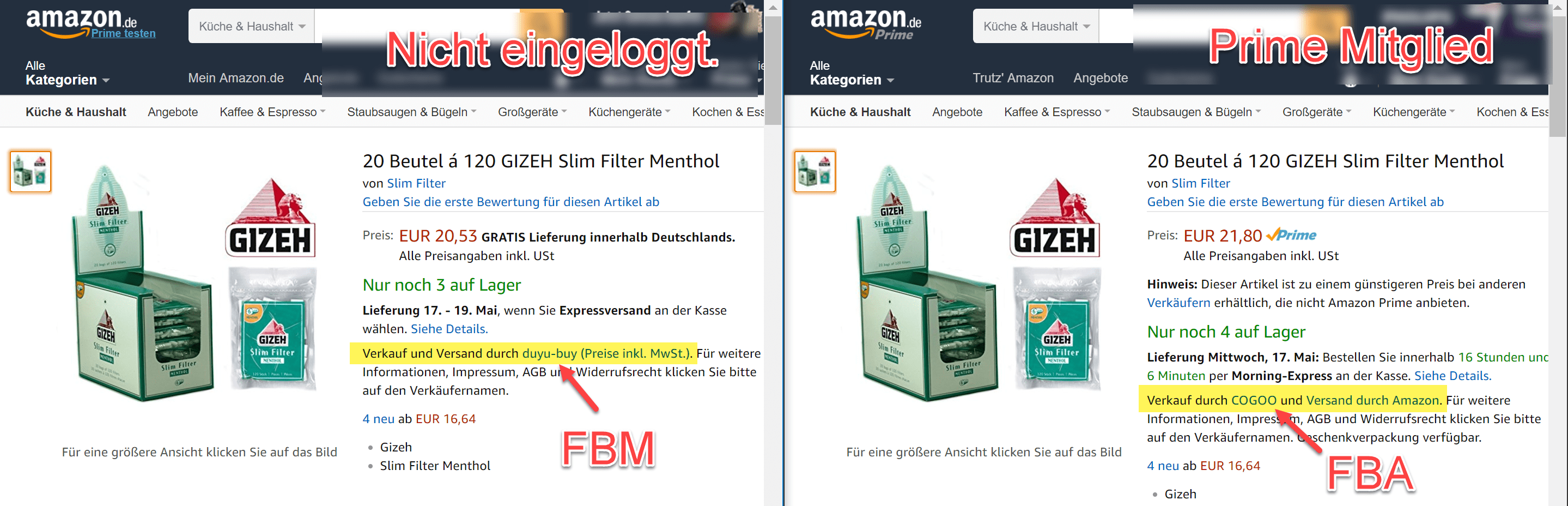 Amazon Buybox Preisunterschiede zwischen FBA und FBM Angeboten